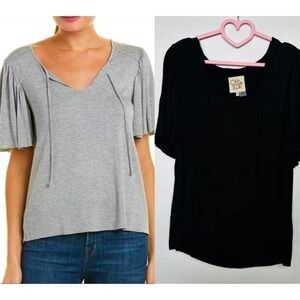 Chaser NWT Cool Jersey Flounce Tie Neck Flutter Sleeve Top Black Size Medium
